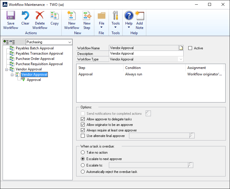 Microsoft Dynamics GP  >  Tools  >  Setup  >  Company  >  Workflow  >  Workflow Maintenance